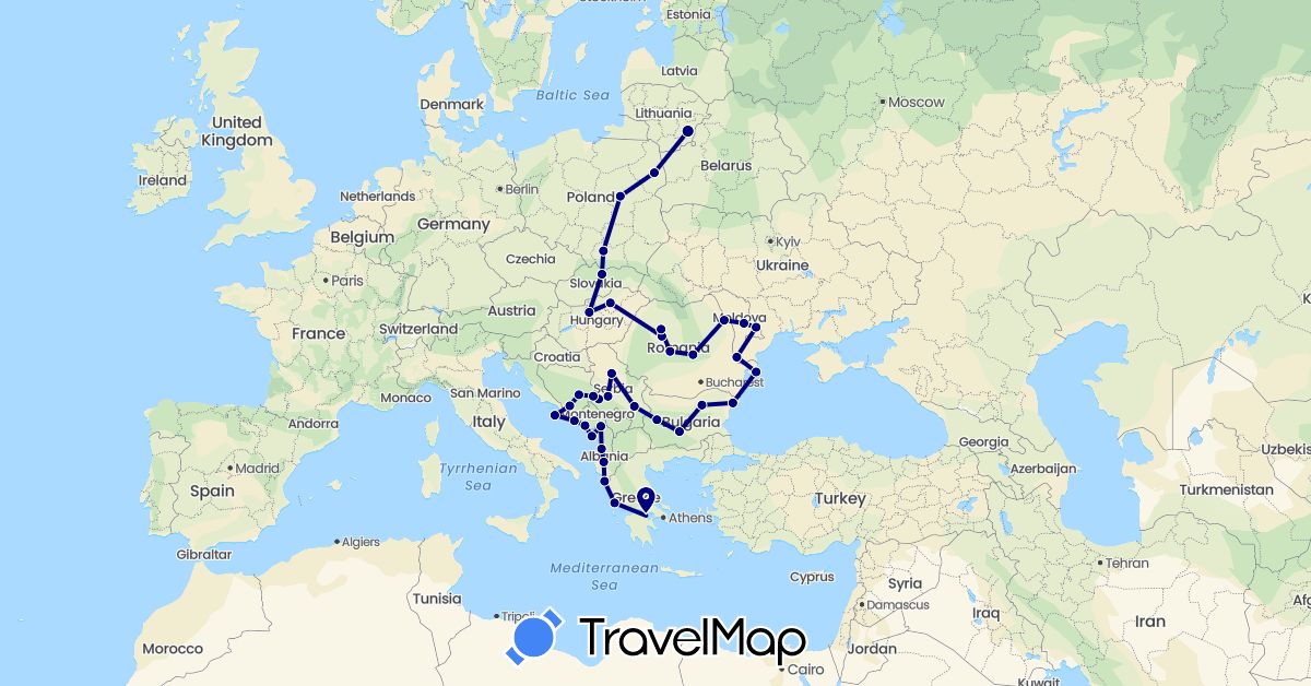 TravelMap itinerary: driving in Albania, Bosnia and Herzegovina, Bulgaria, Greece, Croatia, Hungary, Lithuania, Moldova, Montenegro, Poland, Romania, Serbia, Slovakia (Europe)